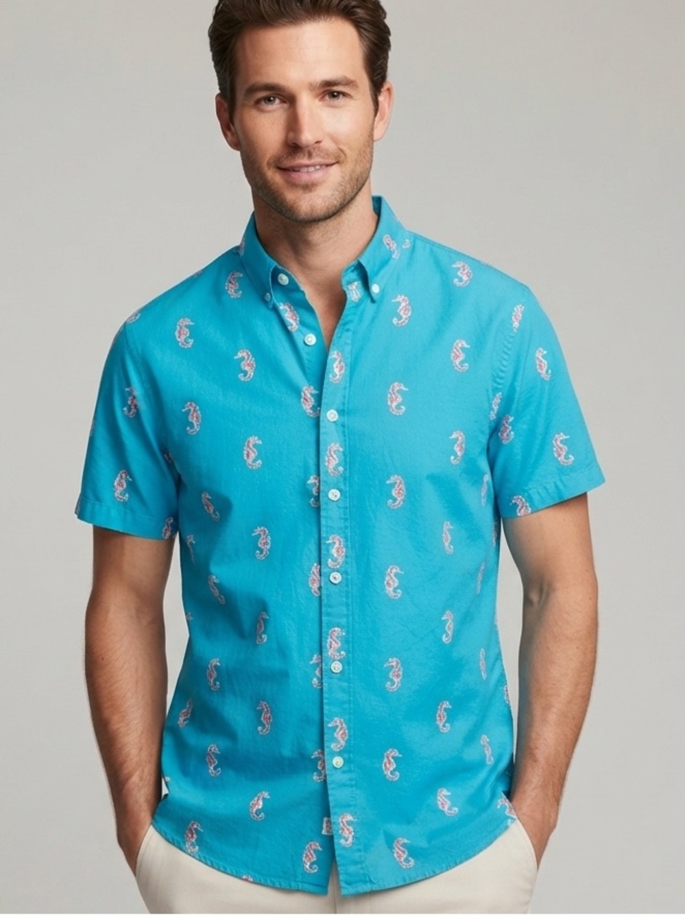 Bonobos Riviera Short Sleeve Shirt Medium Slim Fit Turquoise Seahorse Herd M